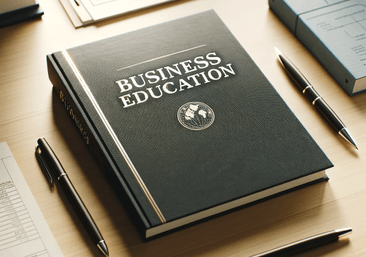 Business Education book resting on a desk with paper and pens.
