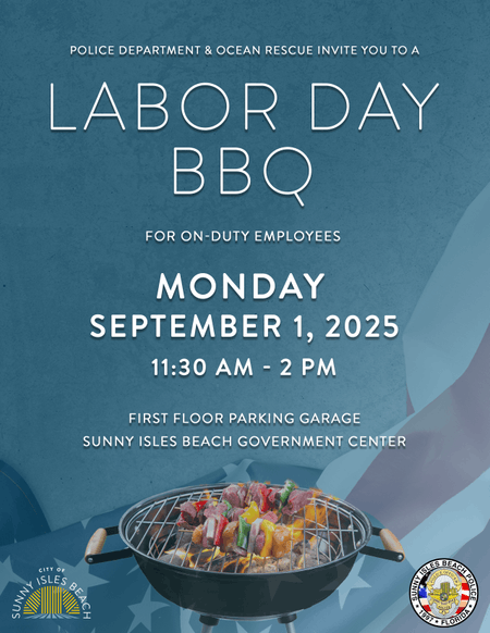 A flyer image from the Sunny Isles Beach Police Department & Ocean Rescue, inviting on-duty employees to their Labor Day Barbecue.